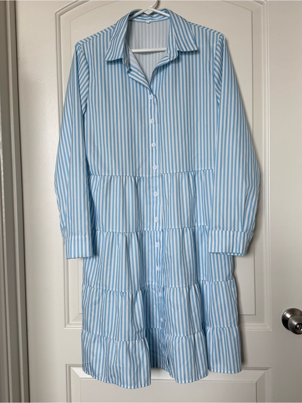 Light Blue and White Striped Button-Down Tiered Dress